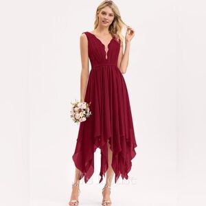 JJs House Burgundy A-line V-Neck Ankle-Length Chiffon Lace Bridesmaid Dress